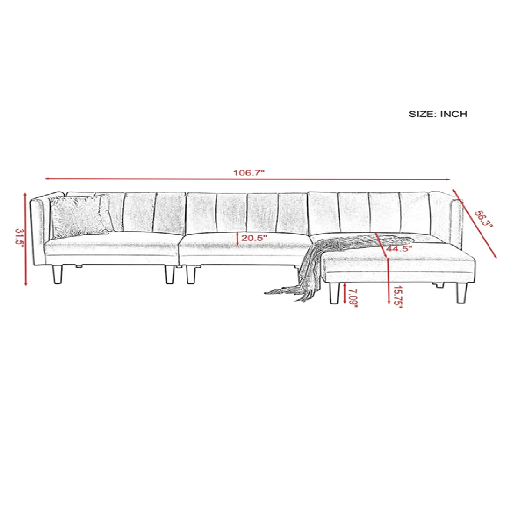 Measurement chart of a sectional sofa with dimensions in inches.