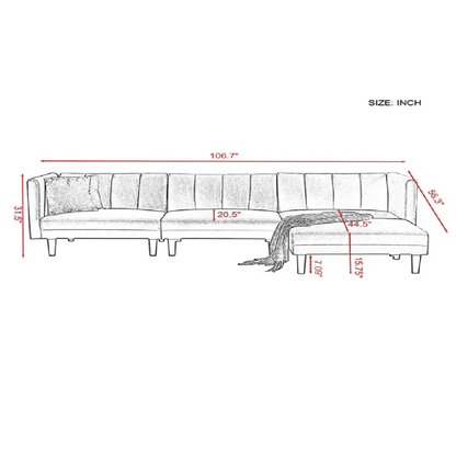 Measurement chart of a sectional sofa with dimensions in inches.