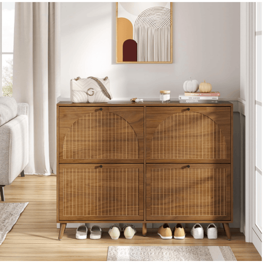 Walnut Entryway Shoe Cabinet with 4 Flip Drawers – Narrow Freestanding Wood Shoe Organizer