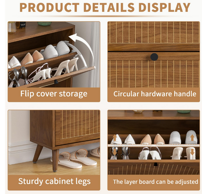 Walnut Entryway Shoe Cabinet with 4 Flip Drawers – Narrow Freestanding Wood Shoe Organizer