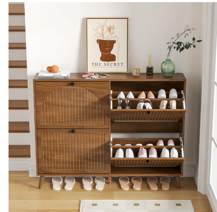 Walnut Entryway Shoe Cabinet with 4 Flip Drawers – Narrow Freestanding Wood Shoe Organizer