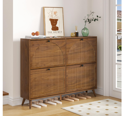 Walnut Entryway Shoe Cabinet with 4 Flip Drawers – Narrow Freestanding Wood Shoe Organizer
