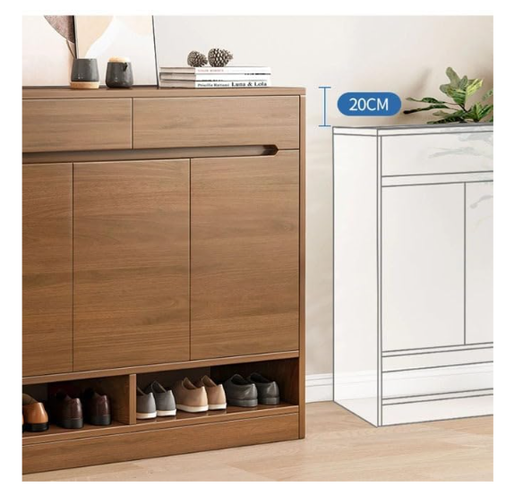 Wooden shoe cabinet with shoe storage space, labeled '20CM', on a light wood floor.