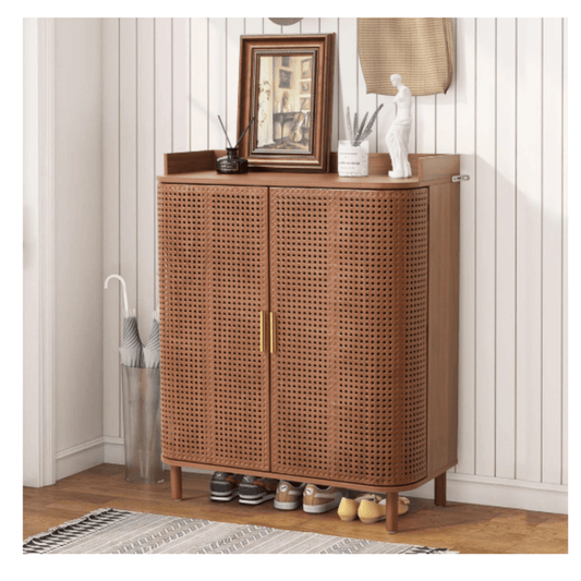 5-Tier Boho Shoe Storage Cabinet with Adjustable Shelves – Walnut Wood Shoe Rack with Curved Iron Rattan Doors