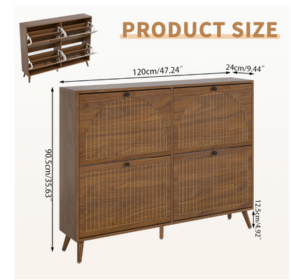 Walnut Entryway Shoe Cabinet with 4 Flip Drawers – Narrow Freestanding Wood Shoe Organizer