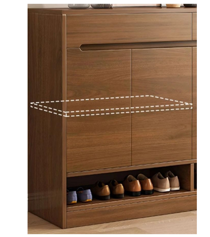 Wooden shoe cabinet with shoes inside on a white background
