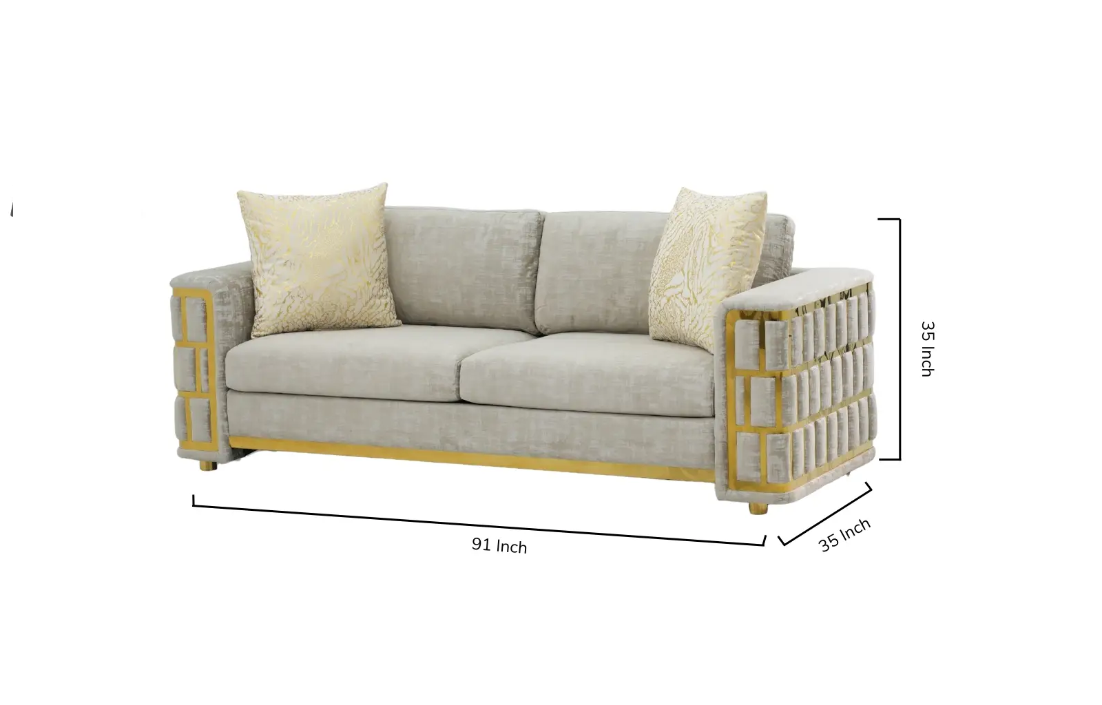 Gray sofa with decorative armrests and cushions, shown with dimensions on a white background