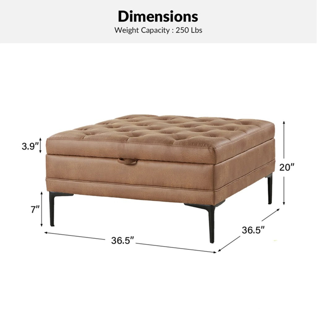 Brown tufted ottoman with dimensions on a white background