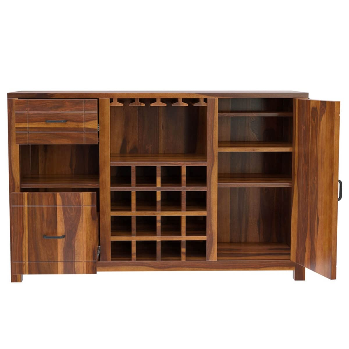 Solid Sheesham Wood Bar Unit with Wine Storage Rack, 2 Drawers