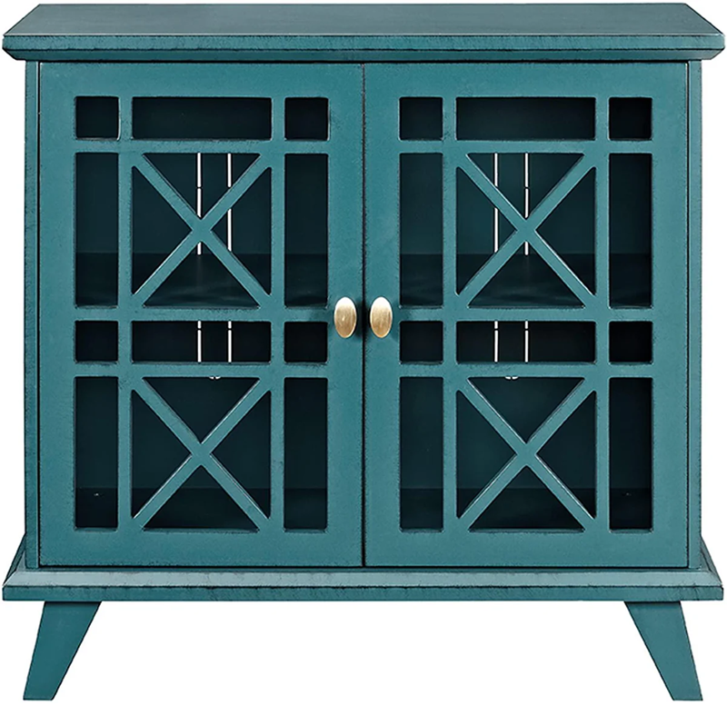 Teal cabinet with decorative glass doors on a white background