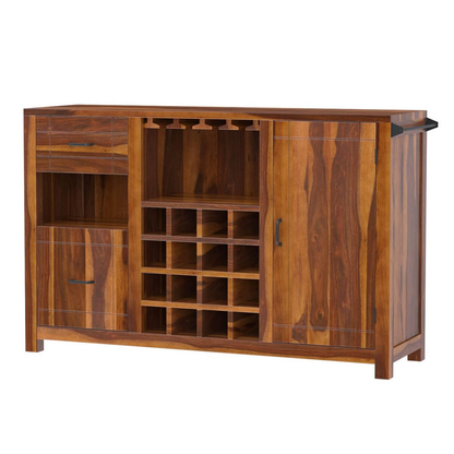 Solid Sheesham Wood Bar Unit with Wine Storage Rack, 2 Drawers