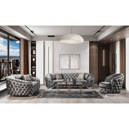 Modern living room with gray tufted sofa set and cityscape view