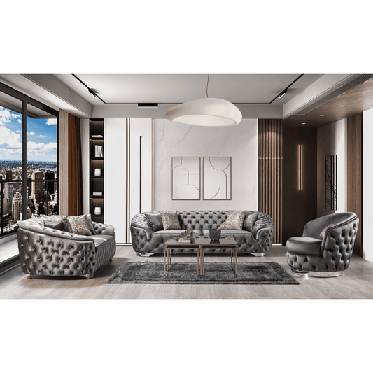 Modern living room with gray tufted sofa set and cityscape view