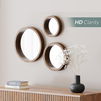 3 Round Wood Wall Mirrors – Natural Wooden Frame, Large & Small Circle Mirror Set