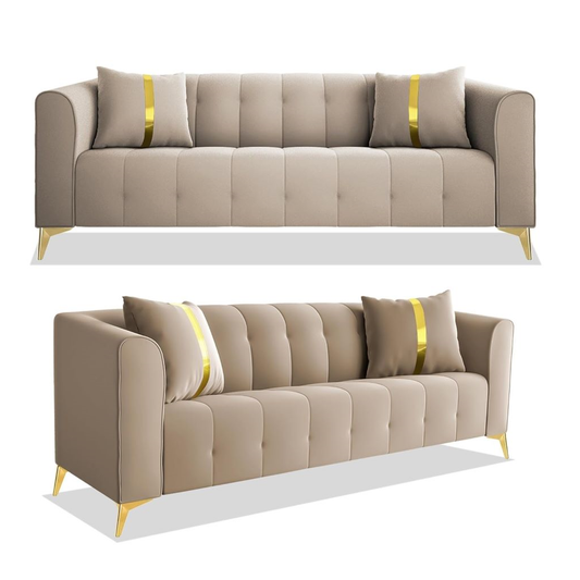 Beige sofa with gold legs and yellow accents on a white background