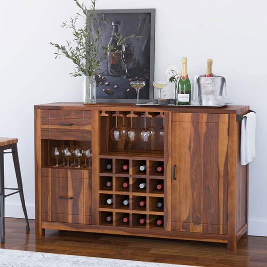 Solid Sheesham Wood Bar Unit with Wine Storage Rack, 2 Drawers