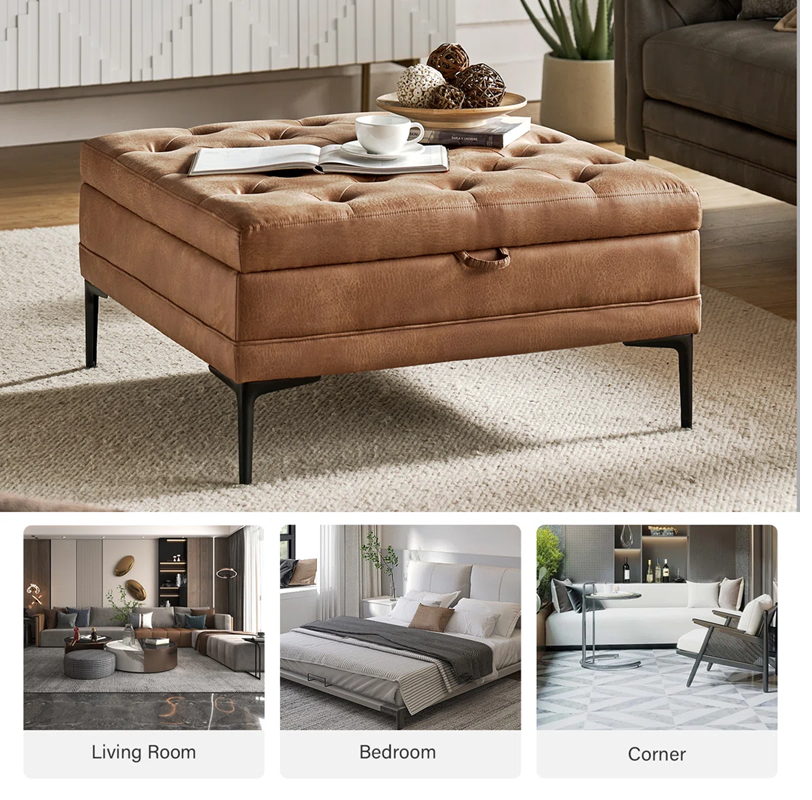 Traditional Upholstered Flip-Top Storage Ottoman – Classic Bench with Hidden Compartment