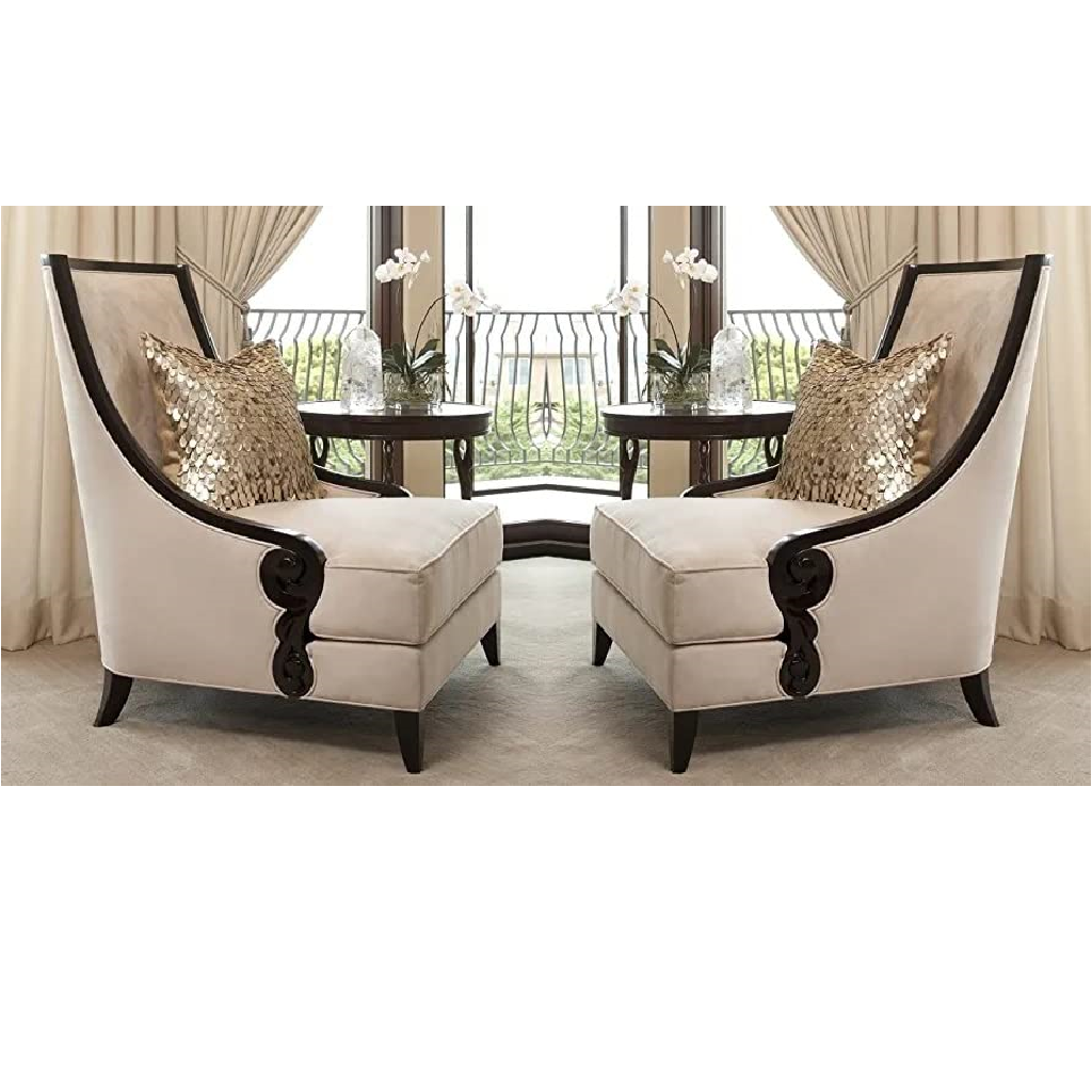 Two ornate chairs with decorative cushions in a room with curtains and a table.