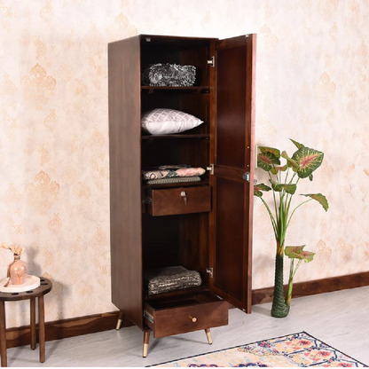 Wooden wardrobe with open doors displaying interior contents against a patterned wall.