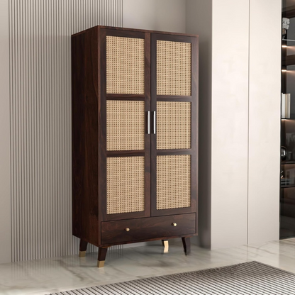 Wooden cabinet with wicker doors in a room setting