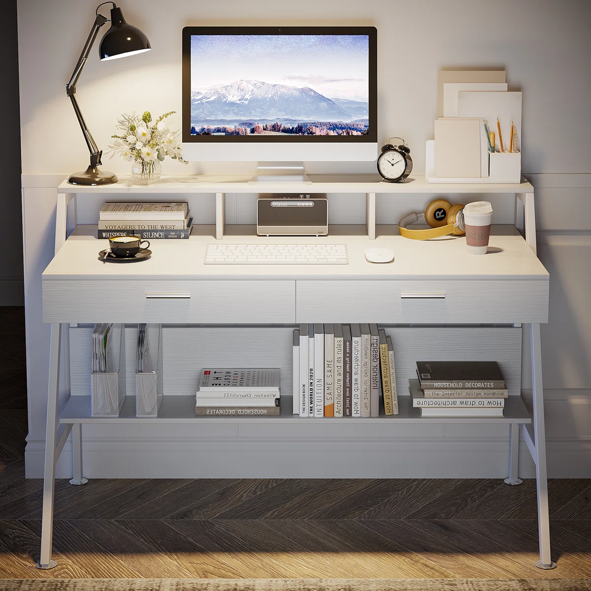 Home Office Writing Desk with Storage Drawers and Metal Frame Computer Workstation