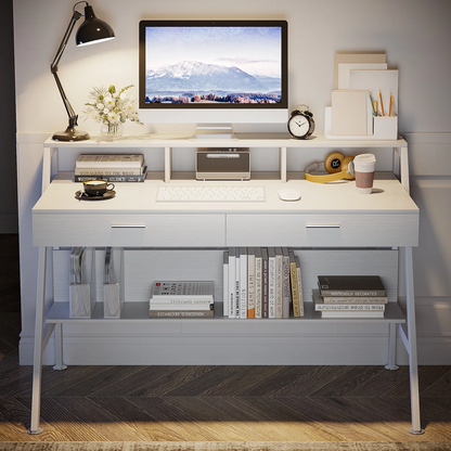 Home Office Writing Desk with Storage Drawers and Metal Frame Computer Workstation