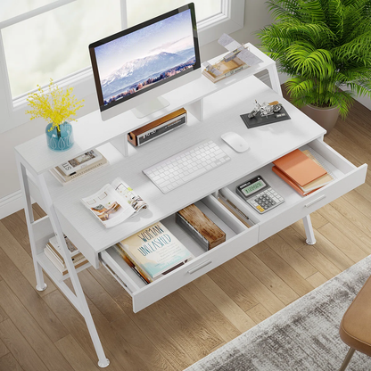 Home Office Writing Desk with Storage Drawers and Metal Frame Computer Workstation