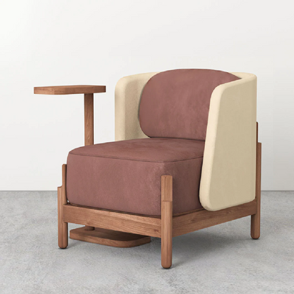 Chair with brown cushion and wooden frame on a gray floor