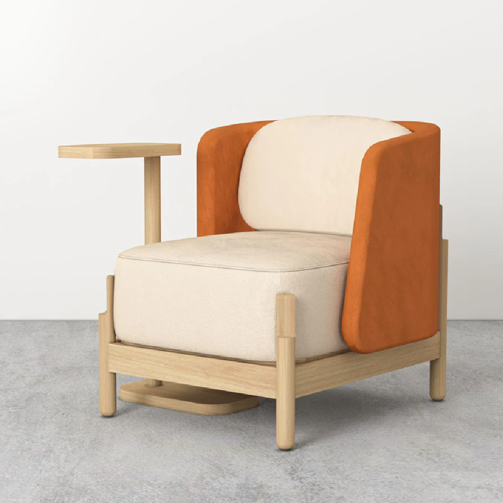 Modern armchair with orange and beige design on a gray floor.