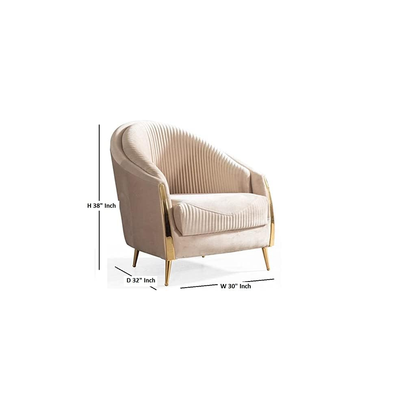 Beige armchair with gold accents and dimensions on a white background
