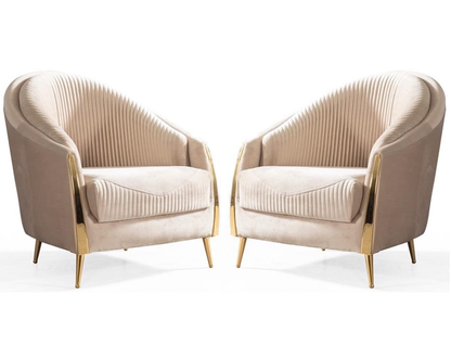 Pair of beige armchairs with gold legs on a white background