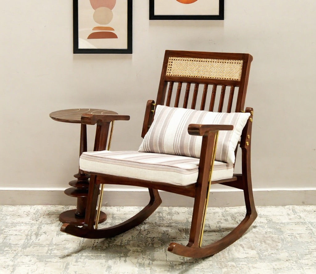 Wooden rocking chair with striped cushion in a room setting