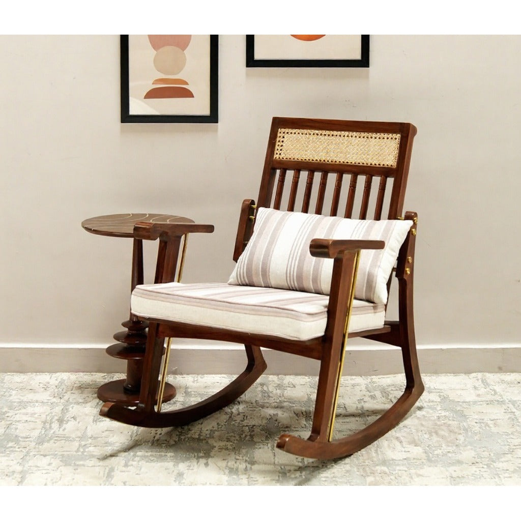 Wooden rocking chair with striped cushion in a room setting
