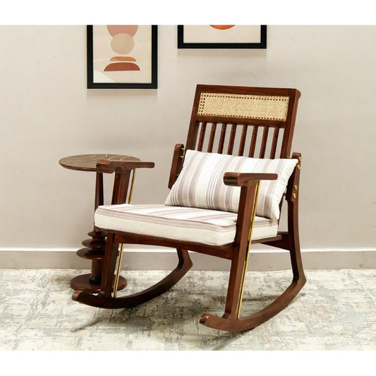 Wooden rocking chair with striped cushion in a room setting