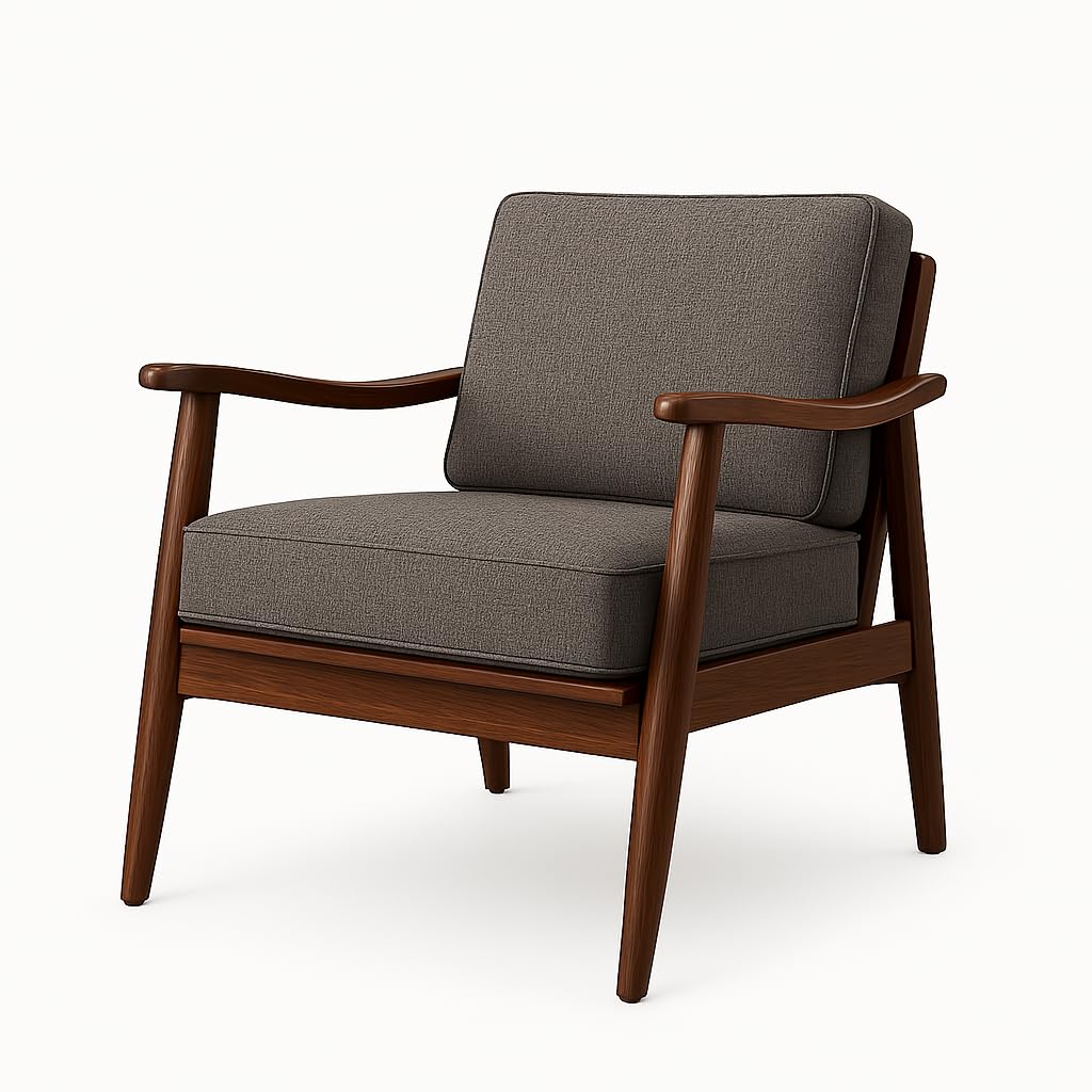 Mid-Century Solid Sheesham Arm Chair with Cushion – Lounge Accent in Walnut