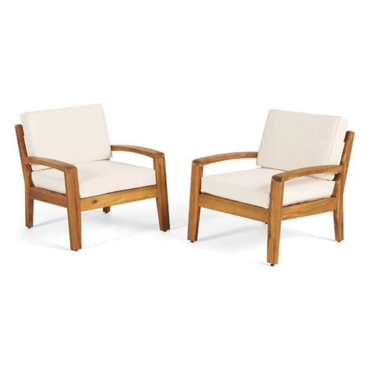 Set of 2 Wooden Armchairs | Handmade Solid Wood Single Seater Chairs with Cream Cushions (Teak Finish)