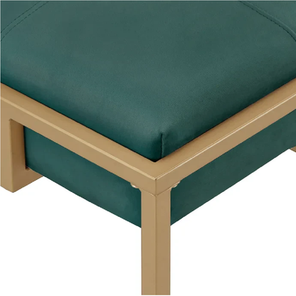 Teal cushion on a beige metal frame