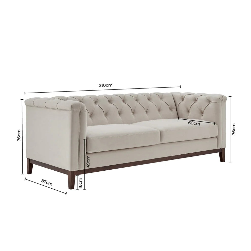 Beige sofa with dimensions marked on a white background