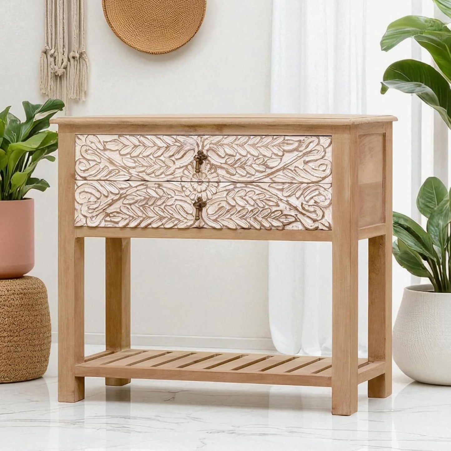 Natural-Wood Console Table with White Matte Finish — Stylish Entry / Living Room Piece