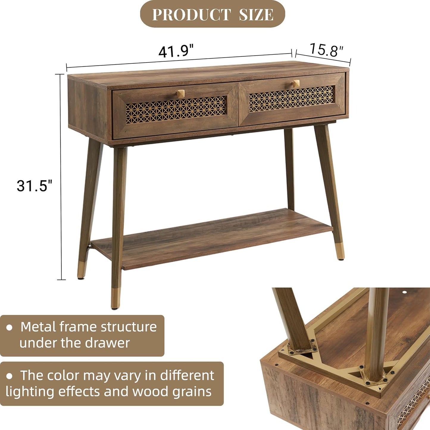 42" Console Table with 2 Drawers, Mid Century Modern Wood Entryway Table