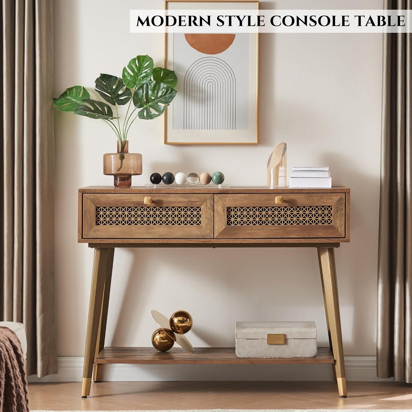 42" Console Table with 2 Drawers, Mid Century Modern Wood Entryway Table