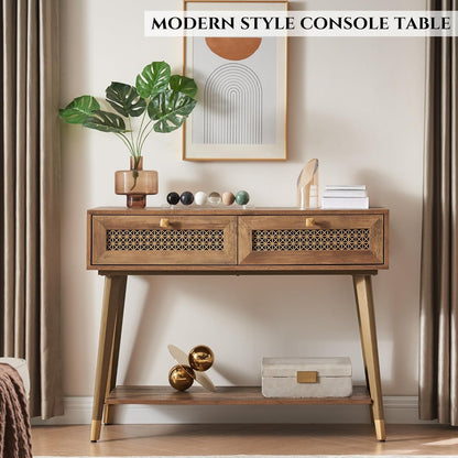 42" Console Table with 2 Drawers, Mid Century Modern Wood Entryway Table