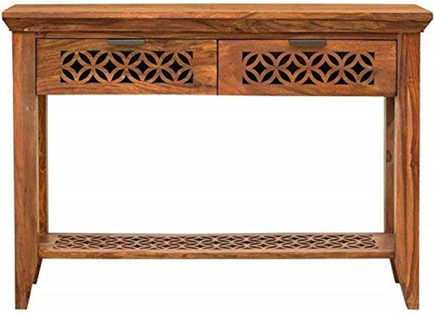 Solid Sheesham Wood Console Table for Living Room | 2-Drawer & Shelf Storage
