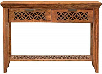 Solid Sheesham Wood Console Table for Living Room | 2-Drawer & Shelf Storage