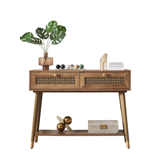 42" Console Table with 2 Drawers, Mid Century Modern Wood Entryway Table