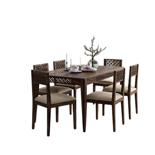 Solid Sheesham Wood 6 Seater Dining Table Set with Jute Fabric Chairs – Teak Brown Finish