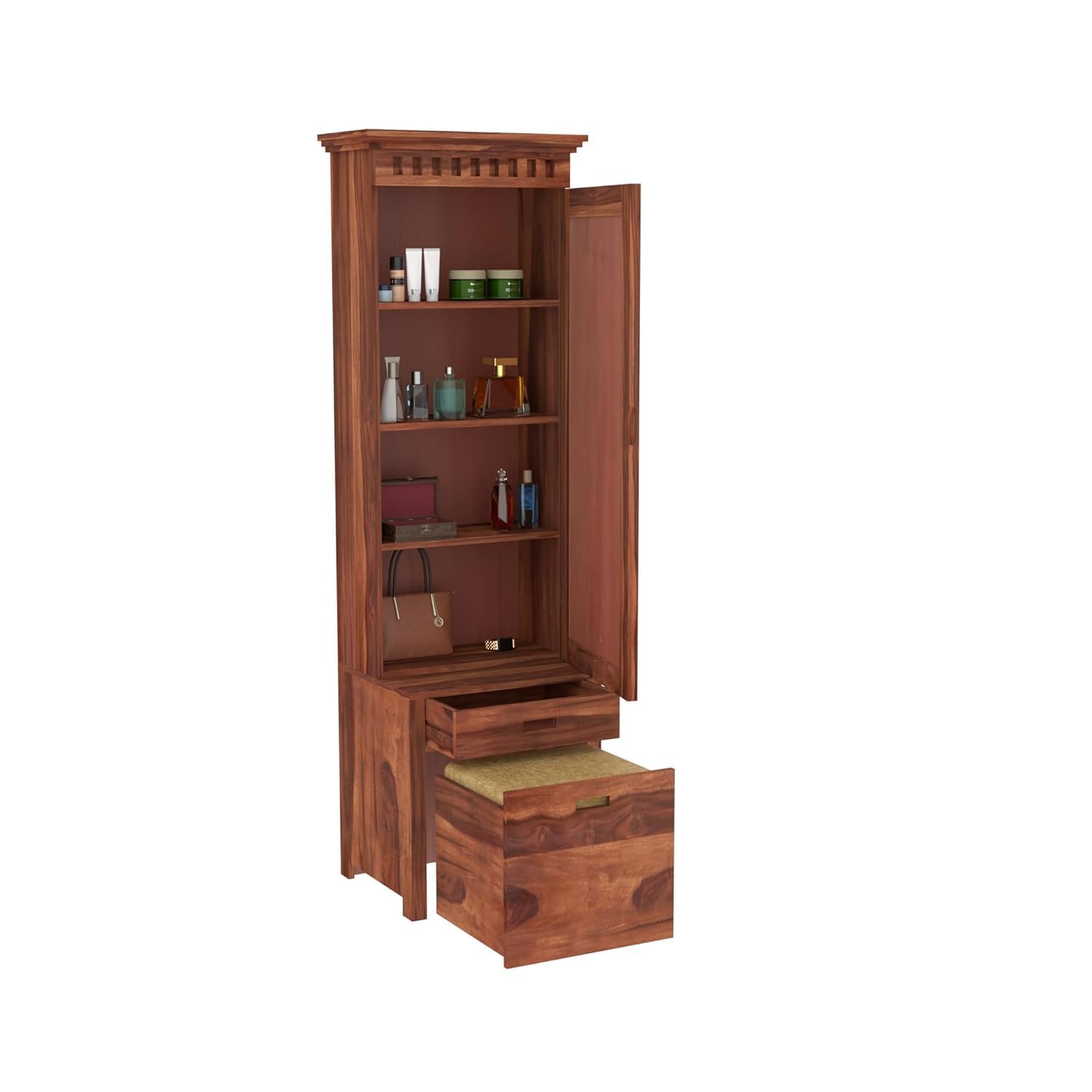 Wooden cabinet with open doors on a white background