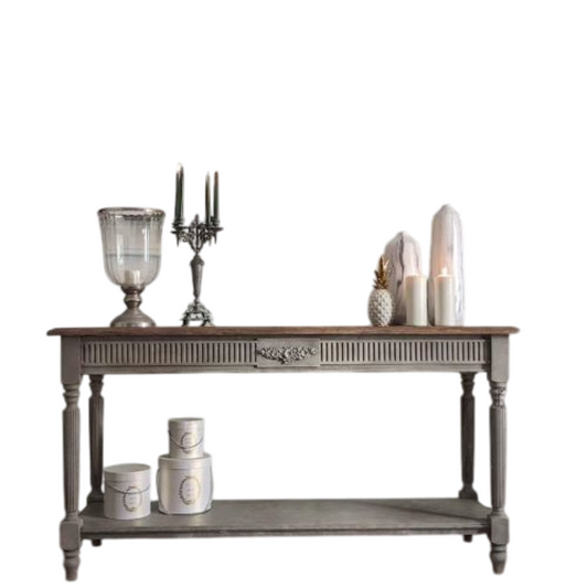 Rustic Grey Mango Wood Console Table – Hand-Carved Farmhouse Elegance (48x30x15")