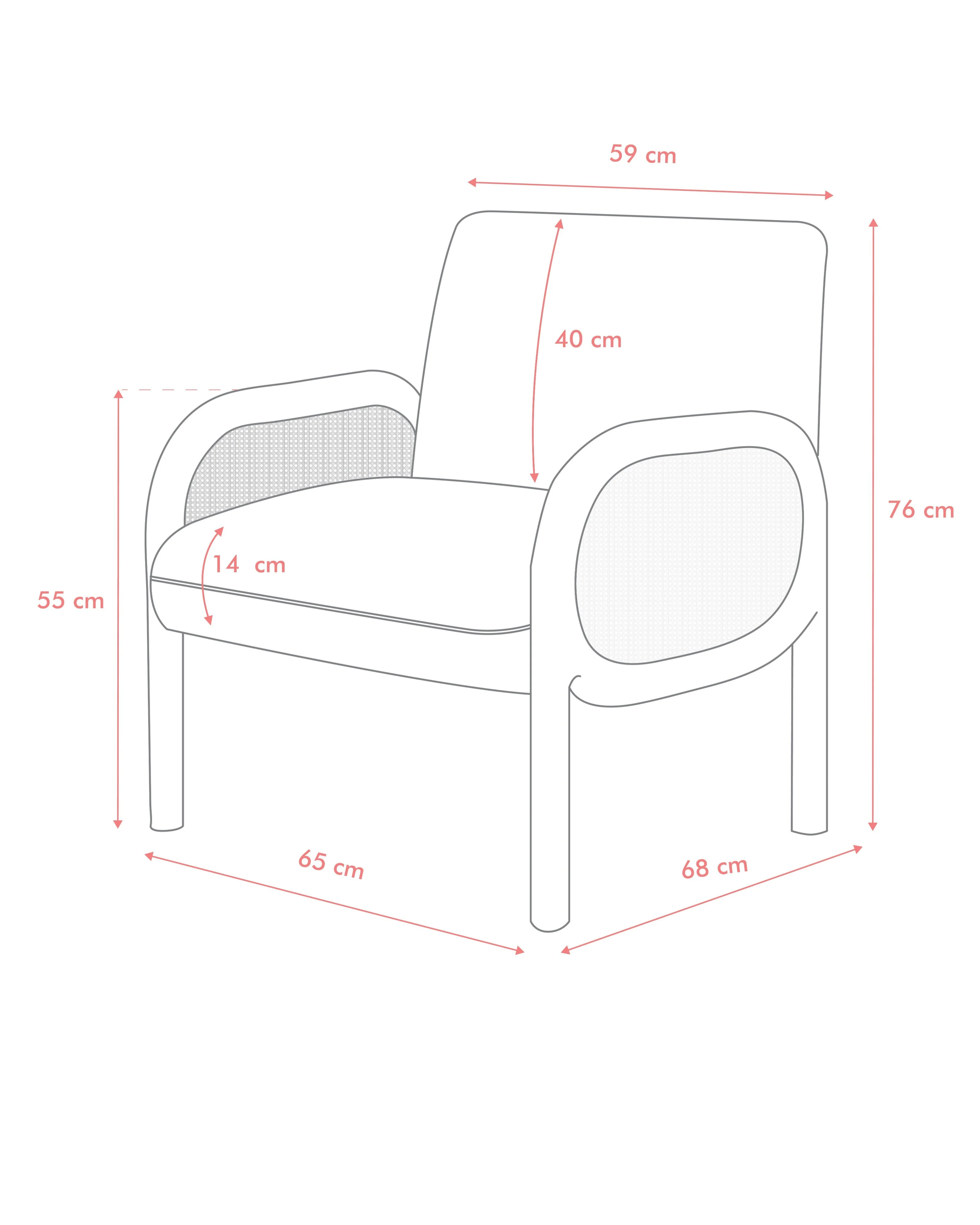 Measurement chart of a chair with dimensions labeled in centimeters.