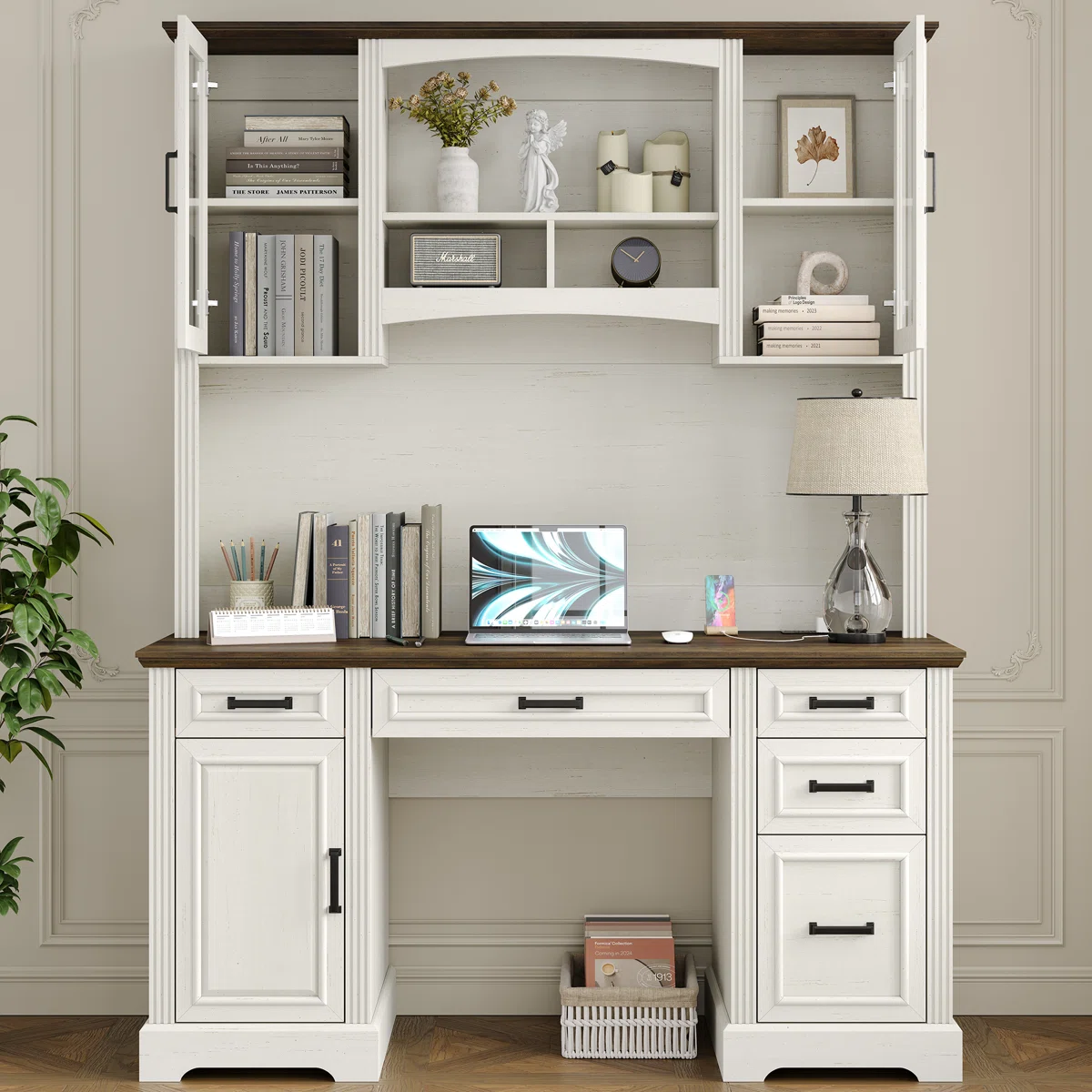 58" Computer Desk with Power Outlet & Hutch, Large Home Office Desk with Storage Shelves and Monitor Stand